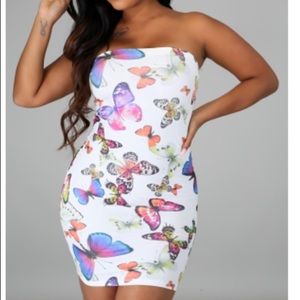 butterfly print strapless dress